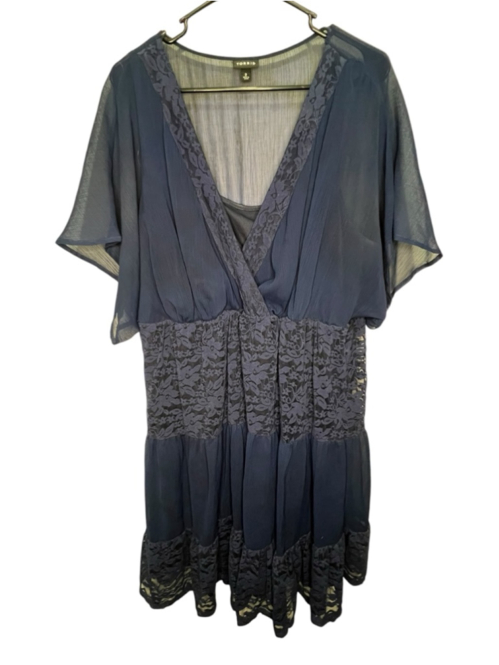 Torrid Navy Blue Lace Chiffon Surplice Flutter Sleeve Short Sleeve Midi Dress